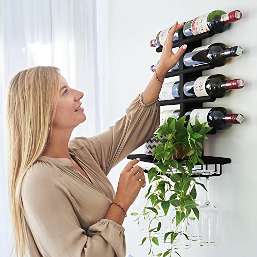 Black Wine Rack Wall Mounted with Shelf for 8 Wine Bottles & Glasses - Wood Rustic Wine Glass Floating Rack with Stemware Hanger. Wine Decor and Storage Holder for Kitchen, Living Room & Bar