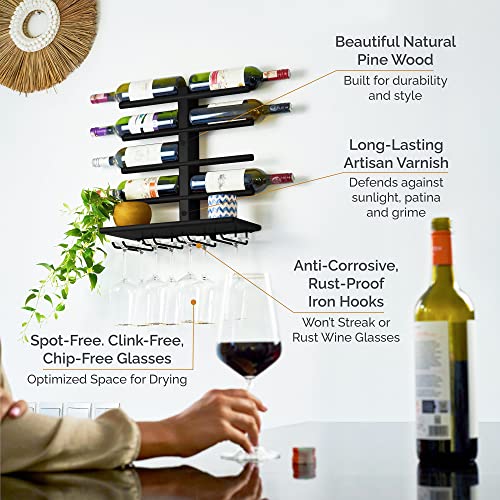 Black Wine Rack Wall Mounted with Shelf for 8 Wine Bottles & Glasses - Wood Rustic Wine Glass Floating Rack with Stemware Hanger. Wine Decor and Storage Holder for Kitchen, Living Room & Bar