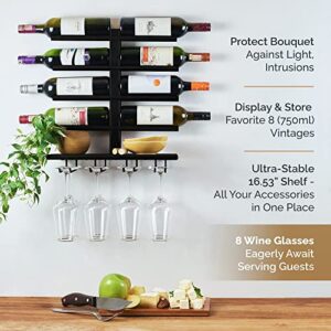 Black Wine Rack Wall Mounted with Shelf for 8 Wine Bottles & Glasses - Wood Rustic Wine Glass Floating Rack with Stemware Hanger. Wine Decor and Storage Holder for Kitchen, Living Room & Bar