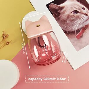 10 OZ Glass Water Bottle with Cat Ears Lid, Silicone Rope Cute Water Bottle, Leakproof Glass Drinking Bottle, Easy to Carry, Reusable (Pink)