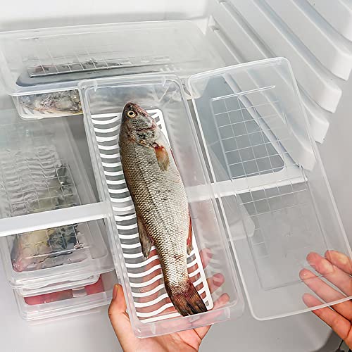Frcctre Set of 5 Fridge Produce Saver Food Storage Containers Stackable Refrigerator Organizer Bins with Removable Drain Plate and Lid to Keep Produce Fruits Vegetables Meat Egg Fish, 2 Sizes