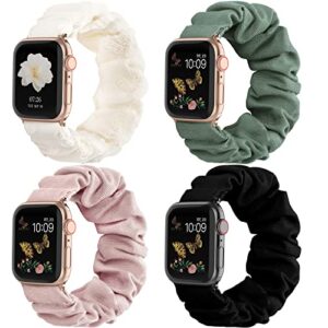 recoppa compatible for apple watch band scrunchie 38mm 40mm 41mm 42mm 44mm 45mm cute printed elastic solo loop bands women bracelet strap for iwatch series 9 8 7 6 5 4 3 2 1 se, 4 packs