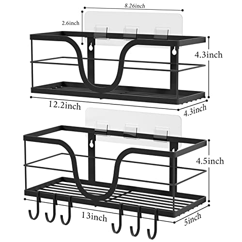 Alsonerbay Shower Caddy, Adhesive Shower Organizer, No Drilling Shower Shelf with Hooks for Bathroom Storage, Rustproof 304 Stainless Steel Shower Rack, 2 pack, Matte Black