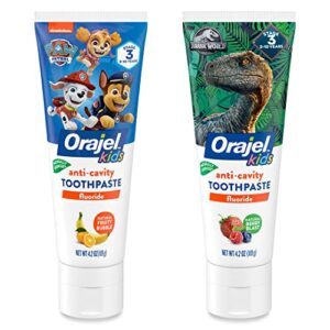 orajel kids paw patrol anti-cavity fluoride toothpaste, natural fruity bubble flavor, 4.2oz tube with orajel jurassic world anticavity fluoride berry blast flavor- kids toothpaste tube, 4.2 oz