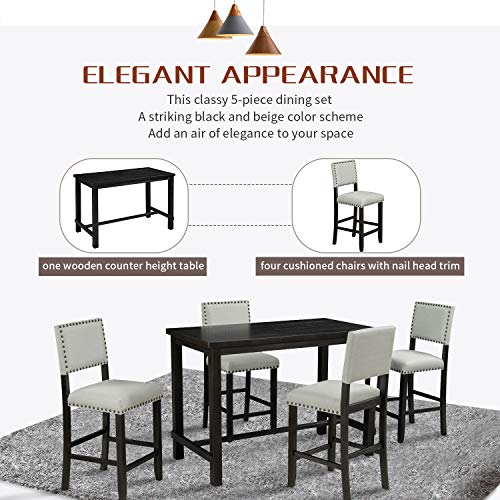 P PURLOVE 5 Piece Dining Set Kitchen Table Set Counter Height Table Set with One Rectangle Table and 4 Cushioned Chairs for 4 Persons Dining Room Table Set for Small Place(Table and 4 Chairs)