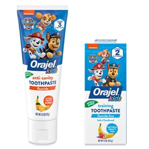 orajel kids paw patrol fluoride-free training toothpaste, fluoride-free toothpaste, 1.5oz tube with orajel kids paw patrol anti-cavity fluoride toothpaste, natural fruity bubble flavor, 4.2oz tube