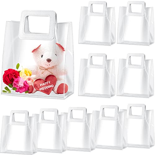 Gersoniel Wedding Clear Gift Bag with Handle Transparent PVC Gift Bag with Heavy Duty Handle Gift Wrap Bag for Bridal Party, Baby Shower, Wedding, Birthday, 7 x 4 x 8 Inch(10 Pieces)