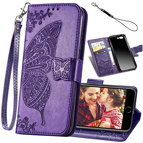 KRHGEIK Designed for iPhone 8 Plus/iPhone 7 Plus Case,PU Leather Wallet Phone Case with Butterfly Embossed Stand Card Slots Flip Cover for iPhone 7 Plus/8 Plus/6 Plus/6S Plus,5.5"(Purple)