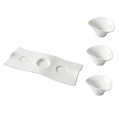 UPKOCH Sauce Plate 1 Set Ceramic Chip and Dip Serving Set Platter Tray with Dip Bowls for Appetizers Snacks Fruits Small Bites and Condiments White Sauce Bowl