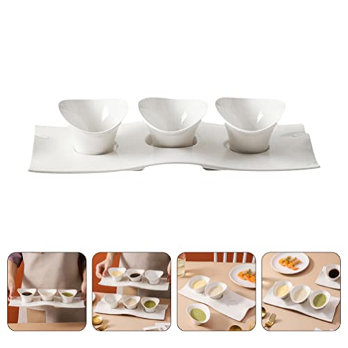 UPKOCH Sauce Plate 1 Set Ceramic Chip and Dip Serving Set Platter Tray with Dip Bowls for Appetizers Snacks Fruits Small Bites and Condiments White Sauce Bowl