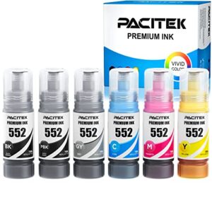 pacitek pigment ink 552 refill ink bottle compatible for t552 use with ecotank photo et-8550 et-8500 printer (6-bottle)