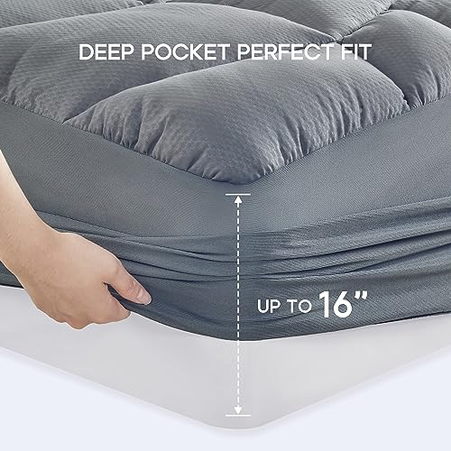 Sonive Queen Quilted Mattress Pad Extra Thick Soft Mattress Cover Ultra Fluffy Down Alternative Fill Streches up to 21 Inches Deep Pocket, Grey
