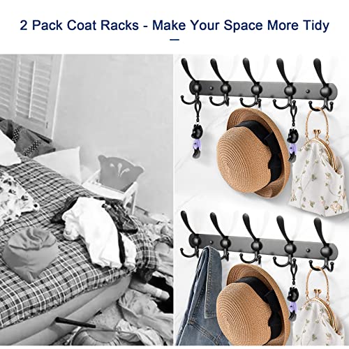 NearMoon Coat Rack Wall Mounted-2 Pack, Heavy Duty Bath Towel Hooks Stainless Steel Robe Hooks Holder, Metal Coat Hook for Towel Coat Hat Key Bathroom Bedroom Hotel Entryway (5 Hooks, Matte Black)