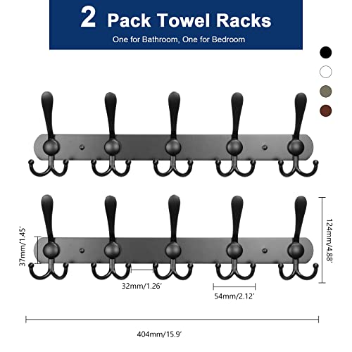 NearMoon Coat Rack Wall Mounted-2 Pack, Heavy Duty Bath Towel Hooks Stainless Steel Robe Hooks Holder, Metal Coat Hook for Towel Coat Hat Key Bathroom Bedroom Hotel Entryway (5 Hooks, Matte Black)