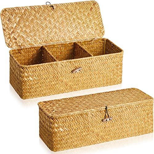 2 Pieces Seagrass Baskets with Lid, Rectangular Hand Woven Wicker Bin Storage Box for Shelves Organizing, Small Rustic Home Storage Organizer Container (Light Orange,12.6 x 4.72 x 4.33 Inches)