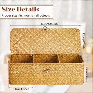 2 Pieces Seagrass Baskets with Lid, Rectangular Hand Woven Wicker Bin Storage Box for Shelves Organizing, Small Rustic Home Storage Organizer Container (Light Orange,12.6 x 4.72 x 4.33 Inches)