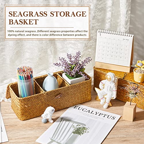 2 Pieces Seagrass Baskets with Lid, Rectangular Hand Woven Wicker Bin Storage Box for Shelves Organizing, Small Rustic Home Storage Organizer Container (Light Orange,12.6 x 4.72 x 4.33 Inches)