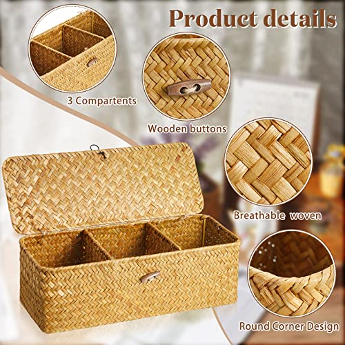 2 Pieces Seagrass Baskets with Lid, Rectangular Hand Woven Wicker Bin Storage Box for Shelves Organizing, Small Rustic Home Storage Organizer Container (Light Orange,12.6 x 4.72 x 4.33 Inches)