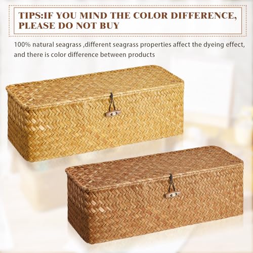 2 Pieces Seagrass Baskets with Lid, Rectangular Hand Woven Wicker Bin Storage Box for Shelves Organizing, Small Rustic Home Storage Organizer Container (Light Orange,12.6 x 4.72 x 4.33 Inches)