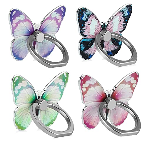 Fwaytech 4Pack Phone Ring Holder Cute 360 Rotation Metal Aluminum Finger Ring Socket Grip Kickstand Compatible for iPhone Samsung LG and Other Smartphones (Butterfly)