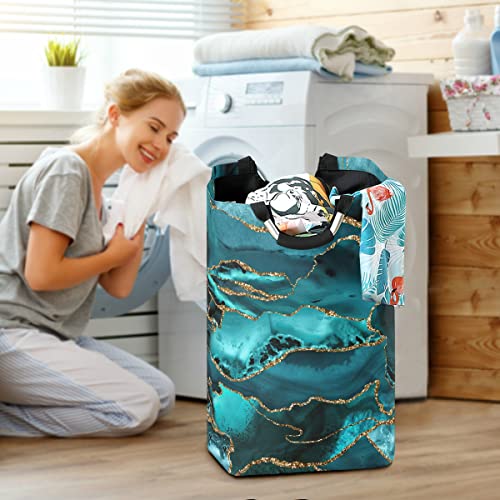 Teal Blue and Gold Laundry Basket, Waterproof Laundry Hamper, Laundry Bag with Padded Handles, Clothes Hamper Stands Up Well, Collapsible Laundry Basket Easy Storage