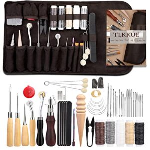 tlkkue leather working tools leather sewing kit leather craft tools with storage bag, groover, stitch wheel, waxed threads, awl, needles, manual, leather making kit for diy sewing craft projects