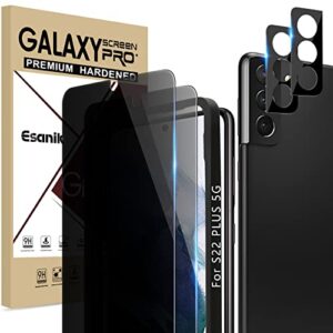 esanik [2+2 pack] privacy screen protector for samsung galaxy s22 plus 5g 6.6-inch[not for s22/ultra] anti spy pet film(not glass) with easy installation frame + camera lens protector fingerprint id compatible