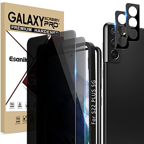 Esanik [2+2 Pack] Privacy Screen Protector for Samsung Galaxy S22 Plus 5G 6.6-inch[NOT for S22/Ultra] Anti Spy PET Film(NOT Glass) with Easy Installation Frame + Camera Lens Protector Fingerprint ID Compatible