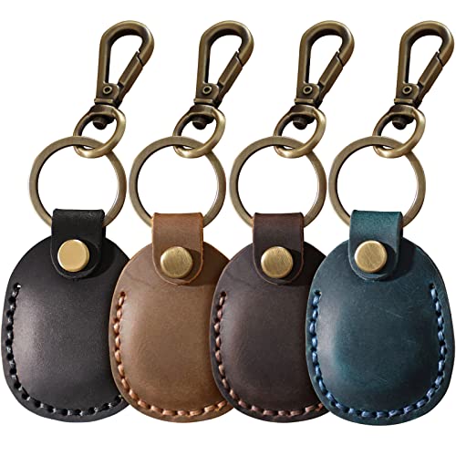 4 Pack Leather Airtag Holder Keychain, Compact Handmade Genuine Leather Air Tag Holder with Keyring Full Coverage Case Cover Compatible for AirTag [4 Pack]