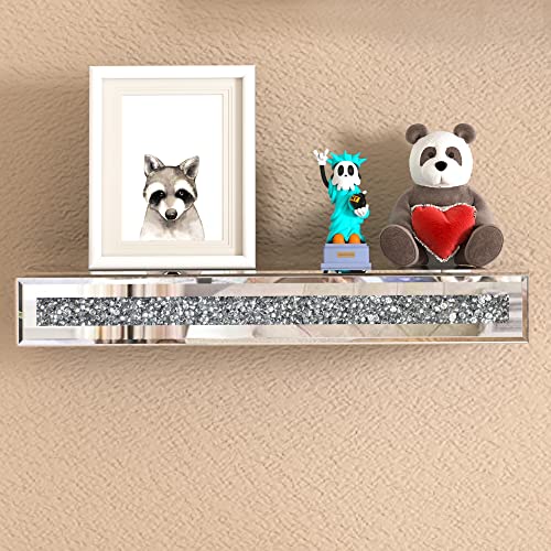 SHYFOY Mirrored Floating Wall Shelf with Crystal Crushed Diamond Inlay, Decorative Wall Mounted Shelf for Bedroom/Bathroom/Living Room, Luxury Display Ledge of Trophy and Photo Frame