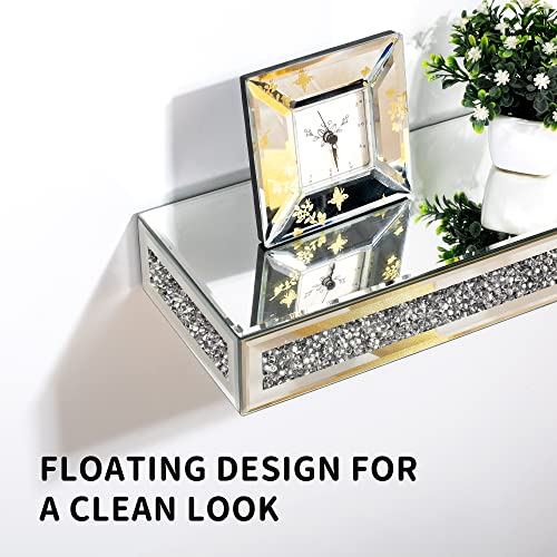 SHYFOY Mirrored Floating Wall Shelf with Crystal Crushed Diamond Inlay, Decorative Wall Mounted Shelf for Bedroom/Bathroom/Living Room, Luxury Display Ledge of Trophy and Photo Frame