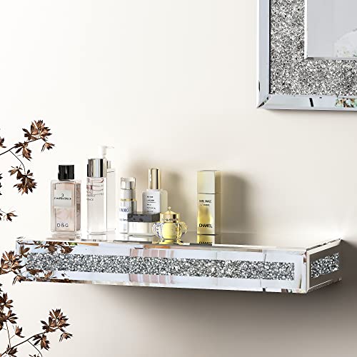 SHYFOY Mirrored Floating Wall Shelf with Crystal Crushed Diamond Inlay, Decorative Wall Mounted Shelf for Bedroom/Bathroom/Living Room, Luxury Display Ledge of Trophy and Photo Frame