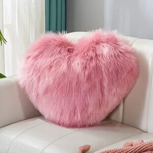 vctops double-sided faux fur heart pillow cute super soft plush throw pillow with insert romantic heart shaped fluffy throw cushion (pink b,12"x16")