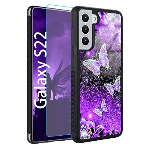 OOK Samsung Galaxy S22 Case Glitter Purple Butterfly Nebula Space Design Hard PC+Soft TPU Bumper Anti-Slip Ultra Thin Cover Protective Shockproof Case for Galaxy S22, 2022