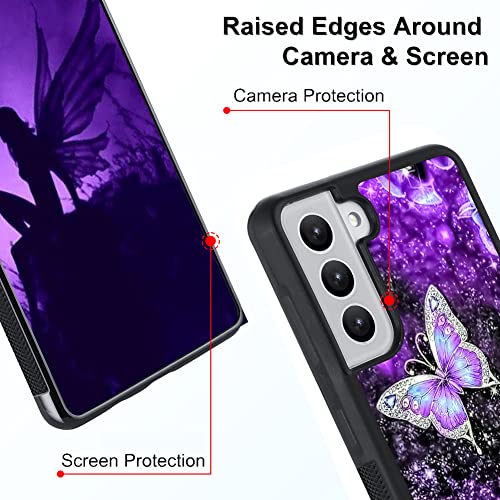 OOK Samsung Galaxy S22 Case Glitter Purple Butterfly Nebula Space Design Hard PC+Soft TPU Bumper Anti-Slip Ultra Thin Cover Protective Shockproof Case for Galaxy S22, 2022