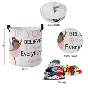 Laundry Basket Inspirational Life,Waterproof Collapsible Clothes Hamper Pink African American Ballerina,Large Storage Bag for Bedroom Bathroom 16.5x17In