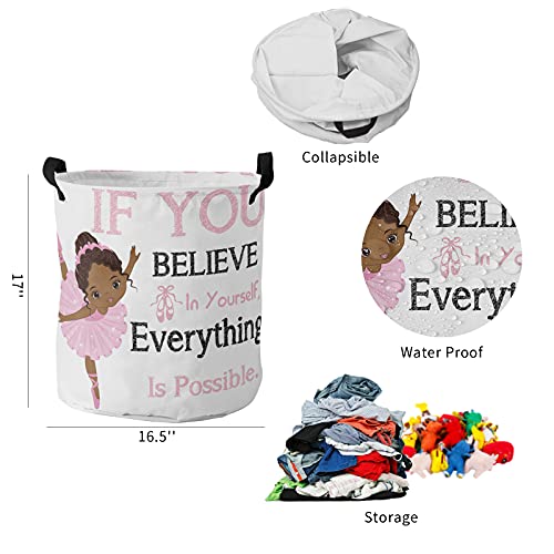 Laundry Basket Inspirational Life,Waterproof Collapsible Clothes Hamper Pink African American Ballerina,Large Storage Bag for Bedroom Bathroom 16.5x17In