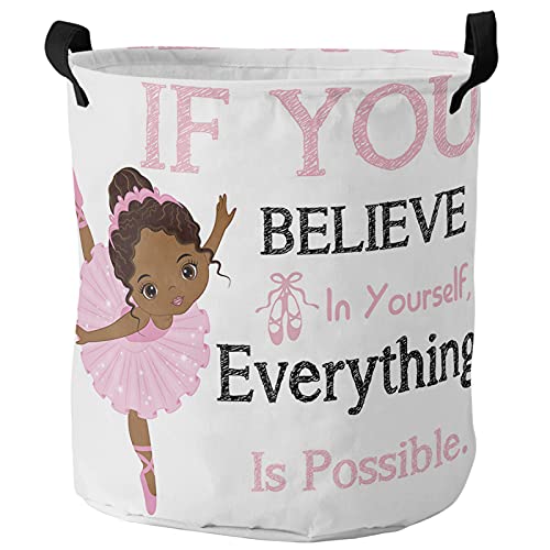 Laundry Basket Inspirational Life,Waterproof Collapsible Clothes Hamper Pink African American Ballerina,Large Storage Bag for Bedroom Bathroom 16.5x17In