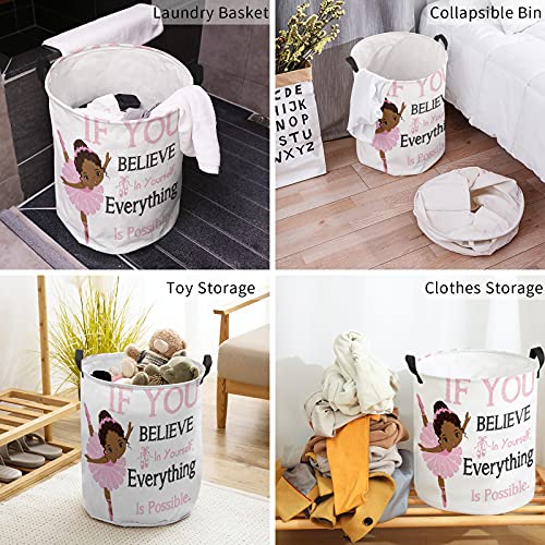 Laundry Basket Inspirational Life,Waterproof Collapsible Clothes Hamper Pink African American Ballerina,Large Storage Bag for Bedroom Bathroom 16.5x17In