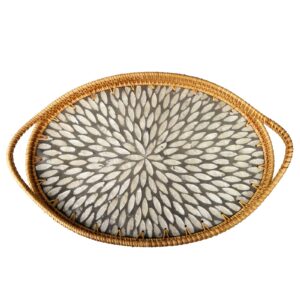 15 inch oval rattan woven tray basket with beige mop wooden base and handles, boho wicker coffee table serving tray décor with 2 inch wall, handmade display basket for countertop, l, i-lan