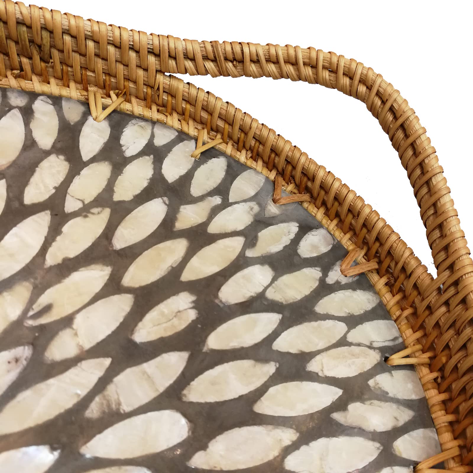 15 Inch Oval Rattan Woven Tray Basket with Beige MOP Wooden Base and Handles, Boho Wicker Coffee Table Serving Tray Décor with 2 Inch Wall, Handmade Display Basket for Countertop, L, I-lan