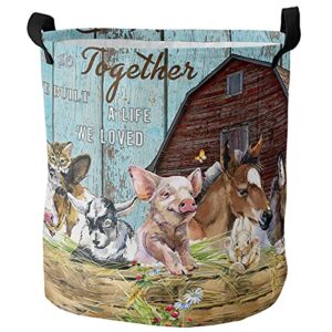 laundry basket rural life with pig cow donkey cat rabbit,waterproof collapsible clothes hamper farm animals retro barn door,large storage bag for bedroom bathroom 13.8x17in