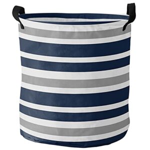 laundry basket striped,waterproof collapsible clothes hamper navy blue gray and white stripe,large storage bag for bedroom bathroom 16.5x17in