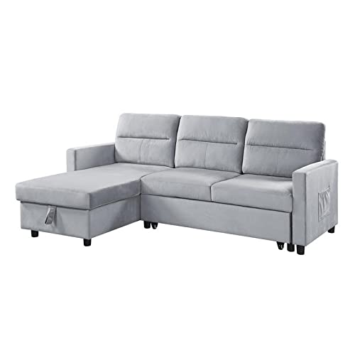 BOWERY HILL Light Gray Velvet Reversible Sleeper Sectional with Storage Chaise