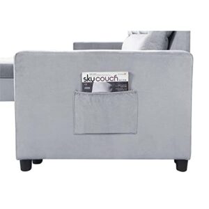 BOWERY HILL Light Gray Velvet Reversible Sleeper Sectional with Storage Chaise