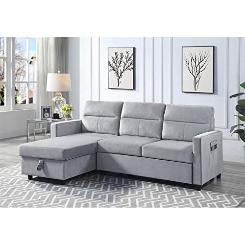 BOWERY HILL Light Gray Velvet Reversible Sleeper Sectional with Storage Chaise