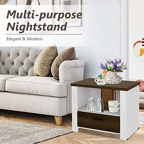 Giantex Nightstand, End Table with Glide Sliding Drawer & Open Cabinet, Modern Sofa Side Table for Bedroom Easy Assembly