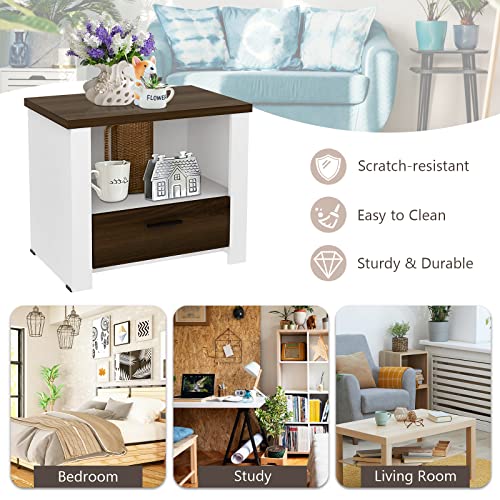 Giantex Nightstand, End Table with Glide Sliding Drawer & Open Cabinet, Modern Sofa Side Table for Bedroom Easy Assembly