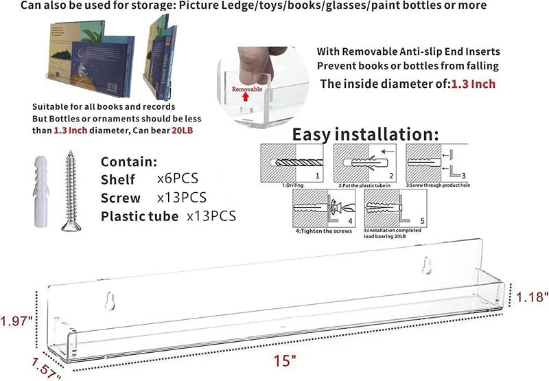 15 Inch Invisible Acrylic Floating Wall Ledge Shelf,Wall Mounted Nursery Kids Bookshelf, Invisible Spice Rack, Clear 5MM Thick Bathroom Storage Shelves Display Organizer,Transparent (6 Pack)