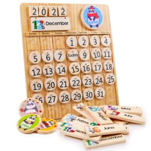 panda brothers wooden perpetual calendar - montessori toy for kids learning seasons, months and days of the year, preschool calendar for kids learning at home and classroom teaching, on desk and wall